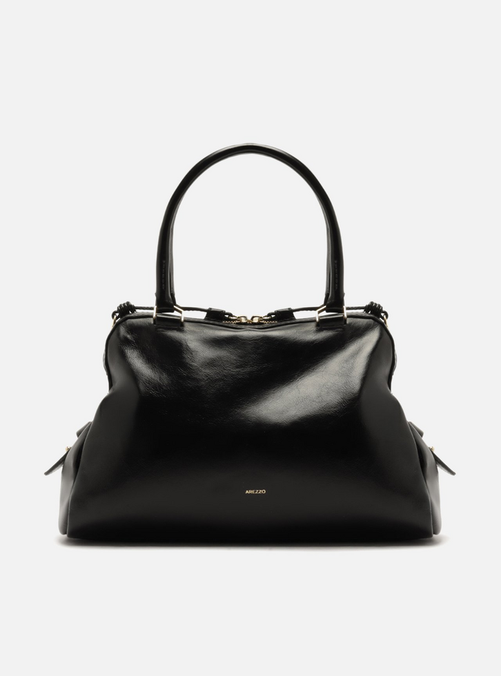 Bolsa Tote Preta Couro Grande Metais