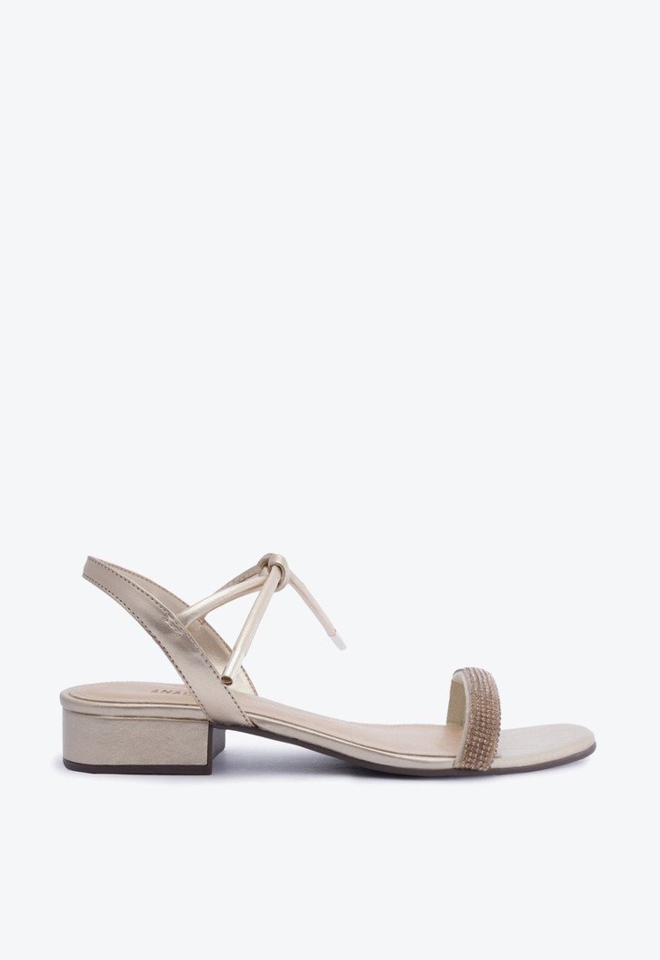 Sandália Salto Bloco Amarração Dourada Tira Brilhosa