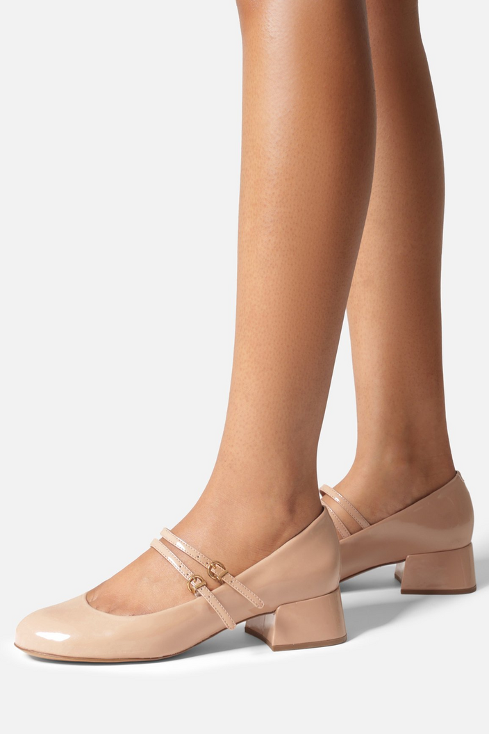Sapato Boneca Nude Verniz Salto Bloco Fivela