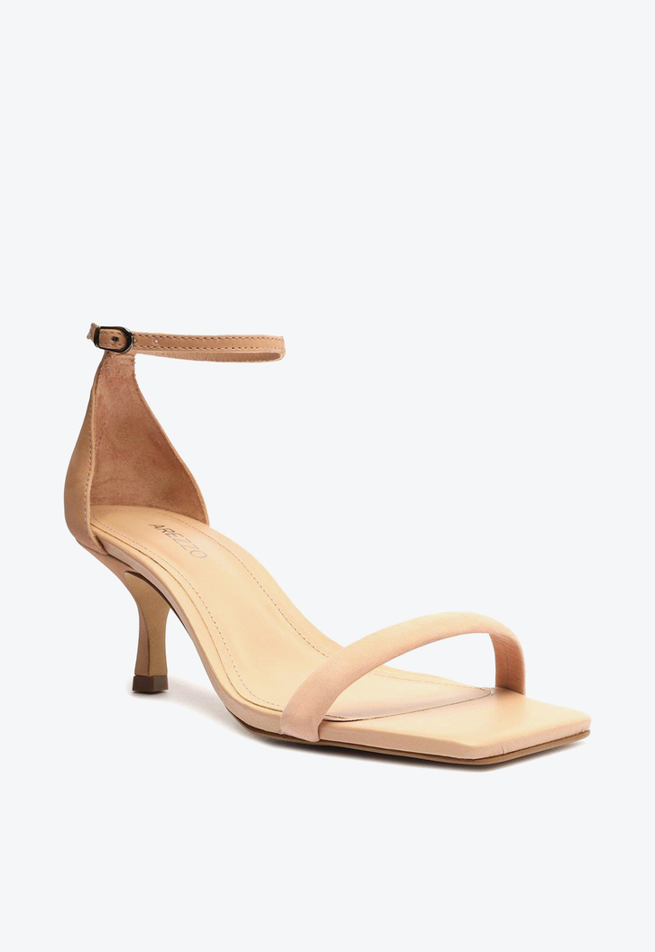 Sandália Nude Arezzo Nobuck Salto Fino Bico Quadrado