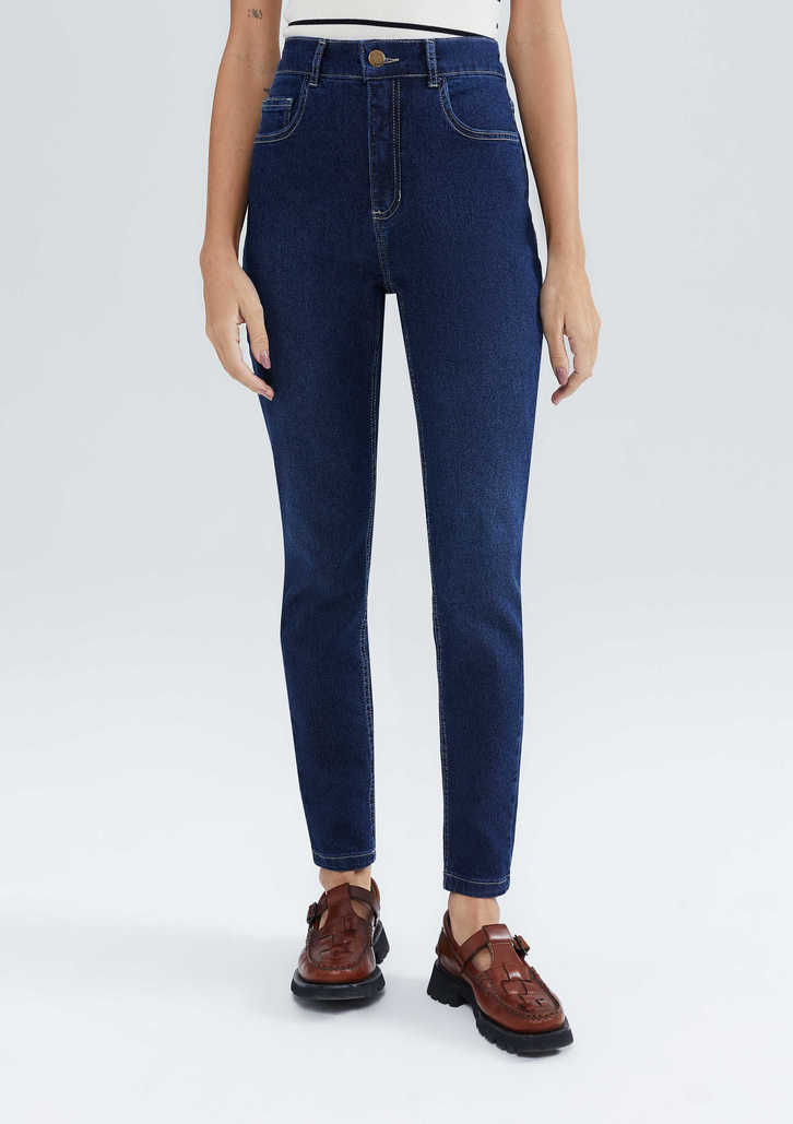 Calça Jeans Azul Escuro Hering Básica Feminina Cintura Média Skinny