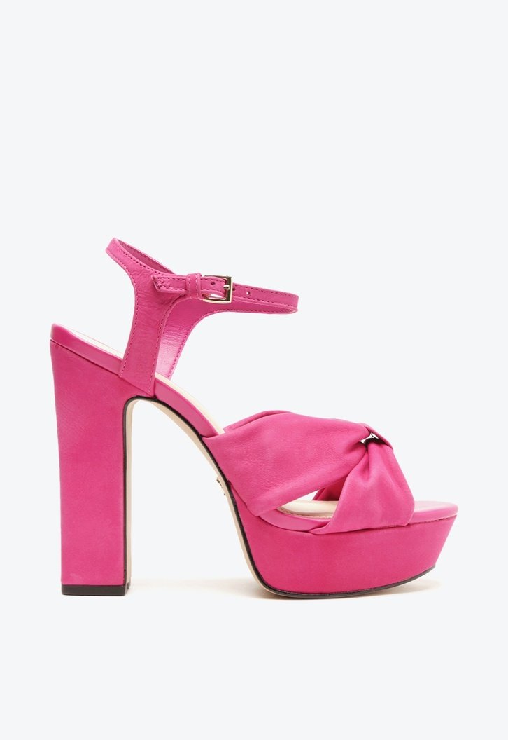 Sandália Meia Pata Rosa Arezzo Nobuck Salto Alto Bloco