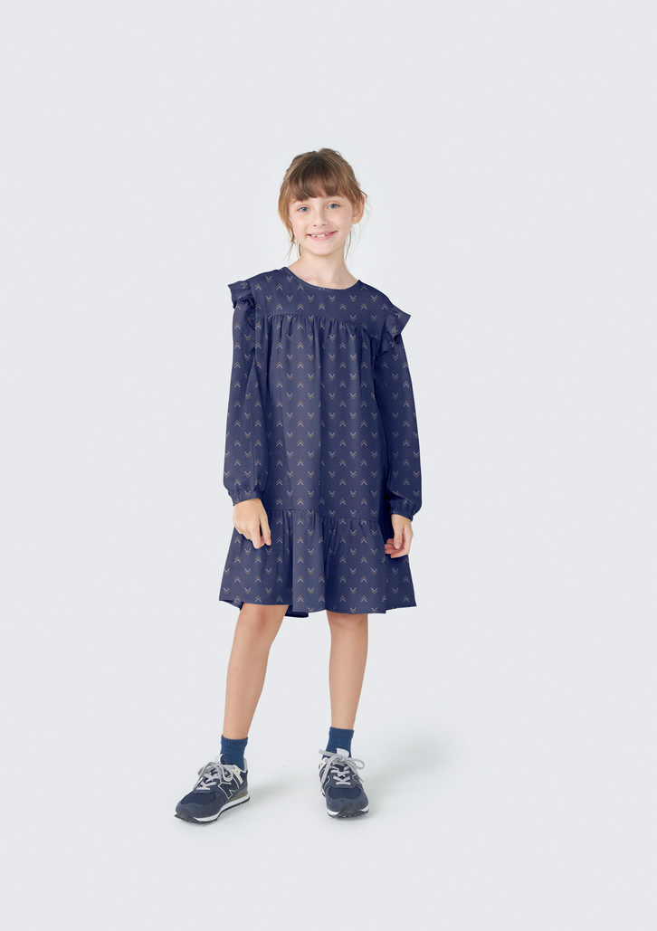 Vestido Azul Hering Infantil Mangas 7/8 Com Babados