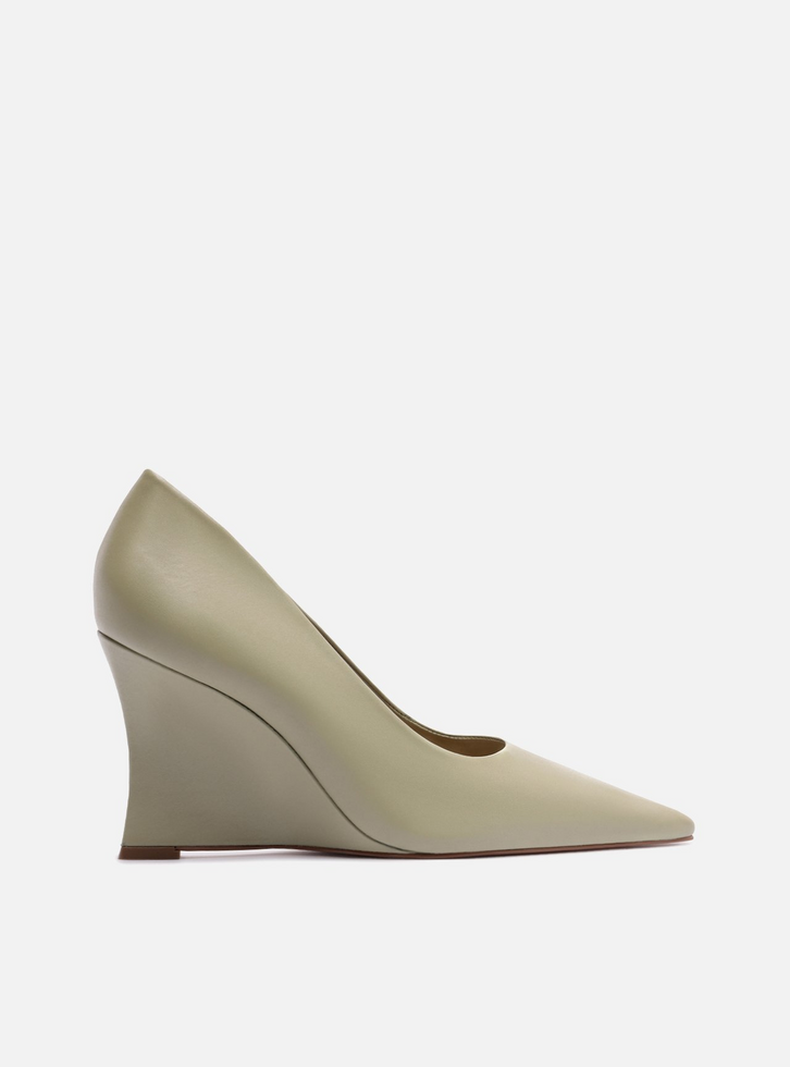 Scarpin Verde Oliva Couro Salto Anabela Bico Fino
