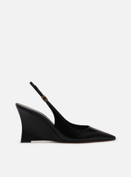 Scarpin Preto Couro Salto Alto Anabela Slingback