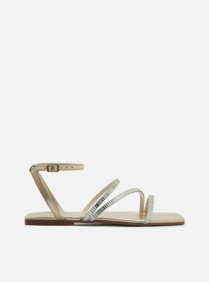 Sandália Rasteira Dourada Tiras Aplicações | ZZ MALL