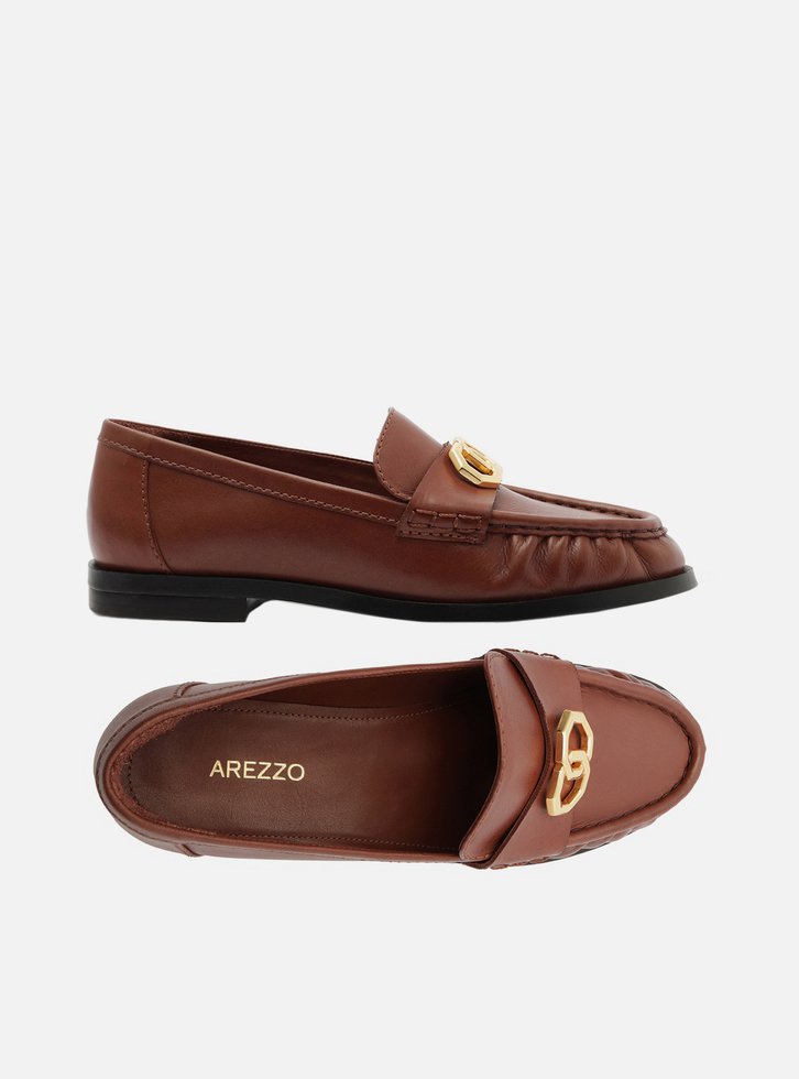 Mocassim Marrom Couro Franzido Tira Metal