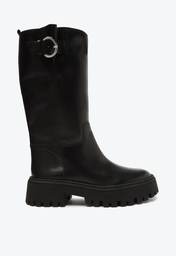 Bota Preta Arezzo Couro Cano Longo Tratorada