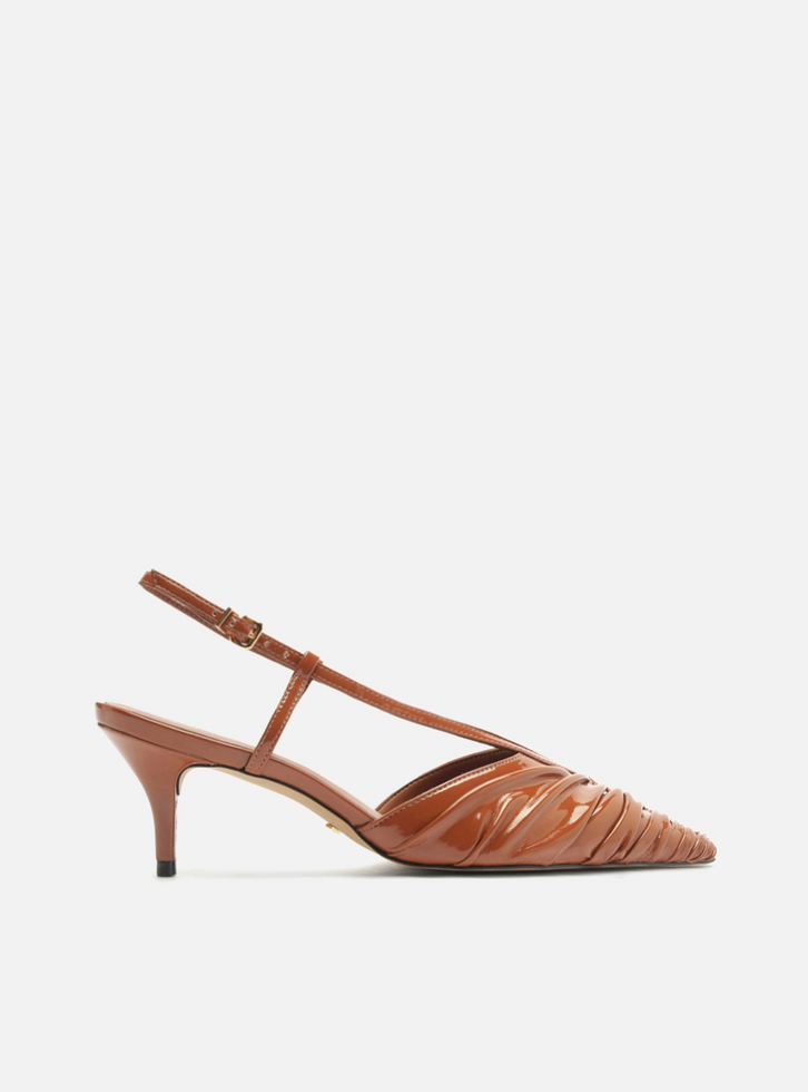 Scarpin Marrom Verniz Salto Fino Slingback