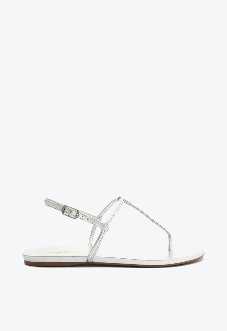 Sandália Rasteira Prateada Arezzo Tiras Slim Strass