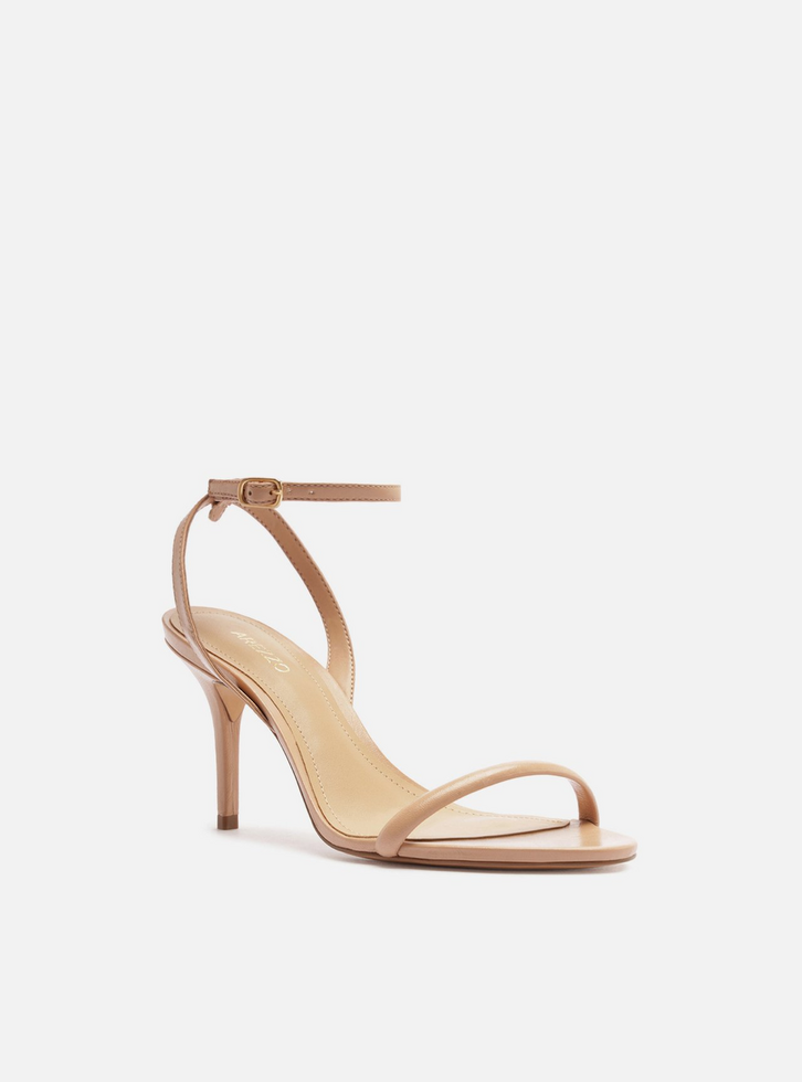 Sandália Bege Couro Salto Fino Tiras Minimal