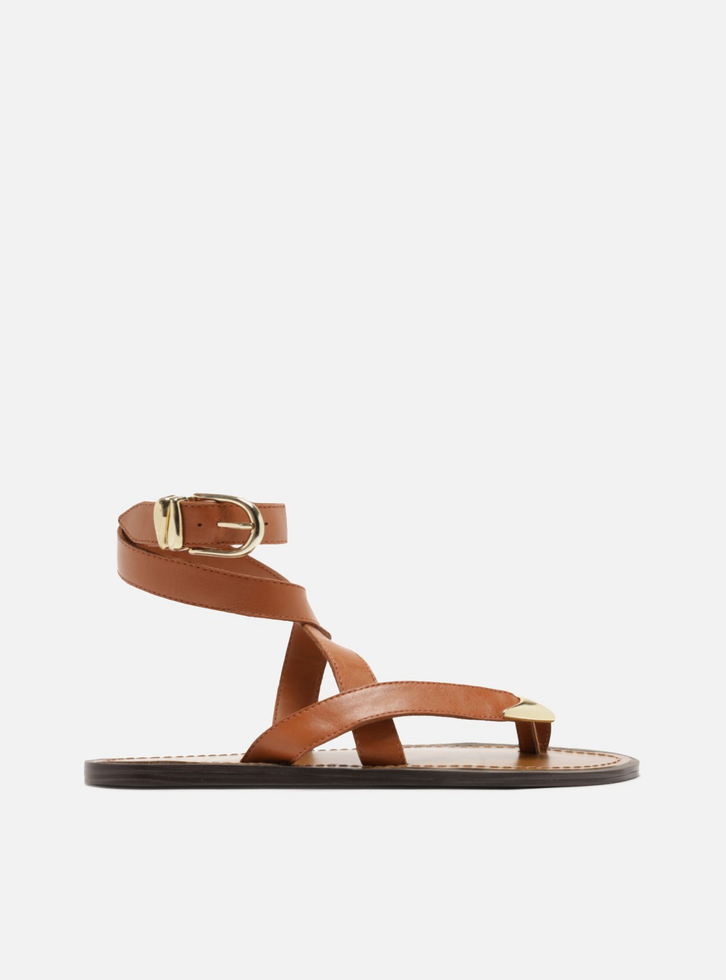 Sandália Rasteira Laranja Couro Tiras Ponteira Metal