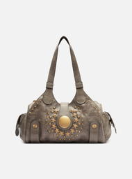 Bolsa Bowling Cinza Arezzo Couro Grande Metais Folk