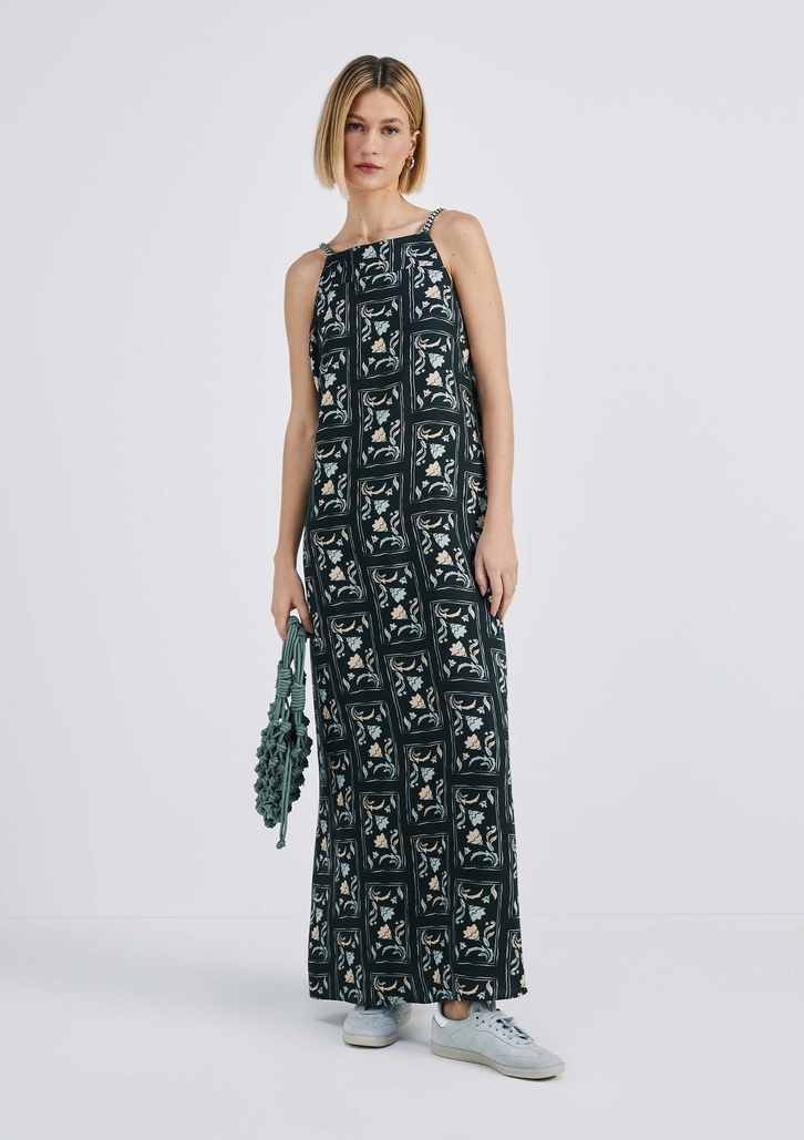Vestido Verde Militar Hering Longo Estampado Alças Finas