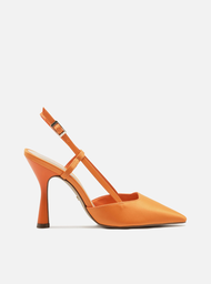 Scarpin Laranja Cetim Salto Alto Geométrico