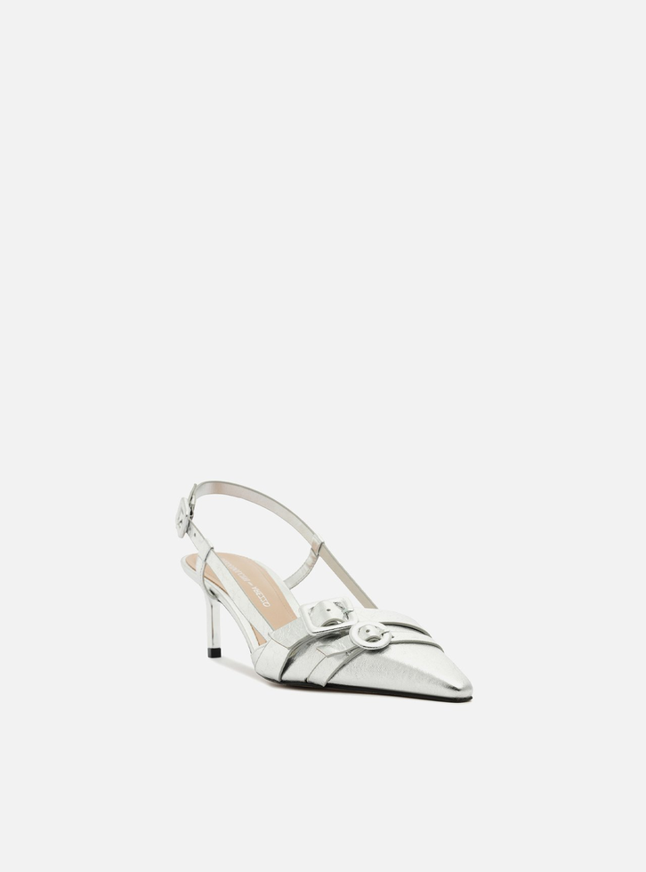 Scarpin Prata Couro Salto Baixo Slingback | ZZ MALL