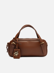 Bolsa Bowling Marrom Couro Grande Metal Flor