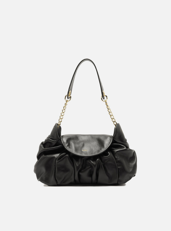 Bolsa Shoulder Preta Couro Média Franzida