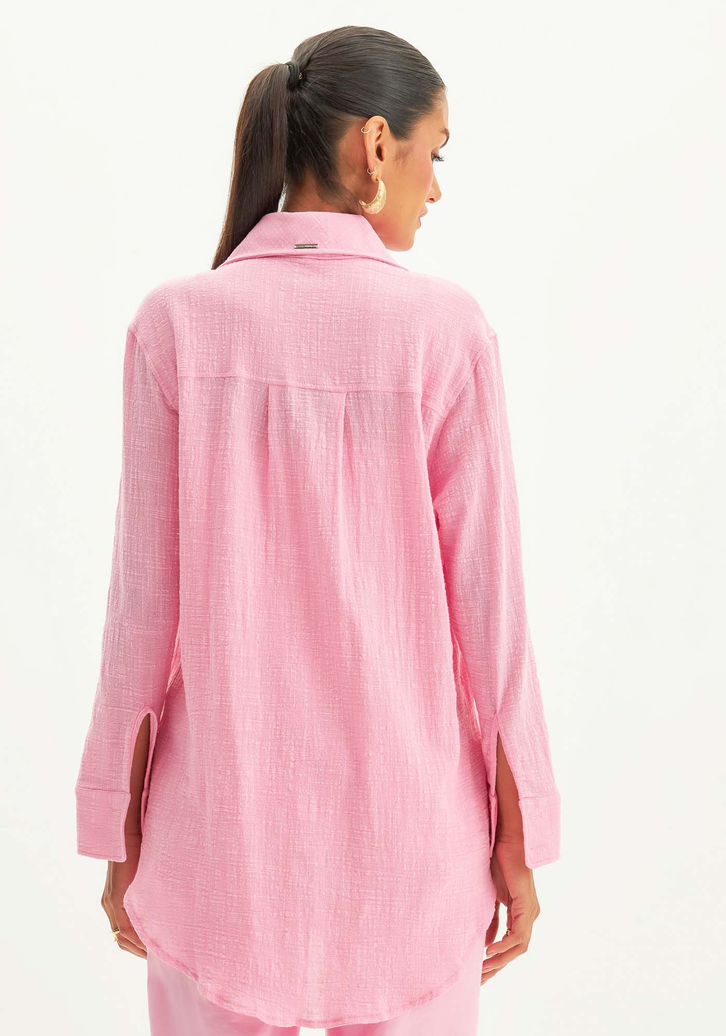 Camisa Rosa Lança Perfume Alongada Com Botões