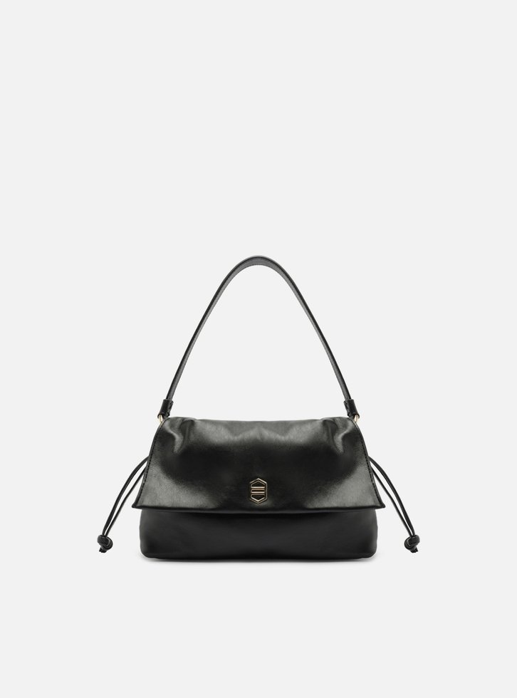 Bolsa Tiracolo Preta Couro Média Franzida | ZZ MALL
