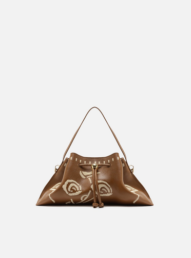 Bolsa Bucket Marrom Couro Média Bordado Flores