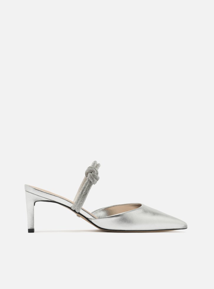 Scarpin Prata Couro Aberto Tiras Strass