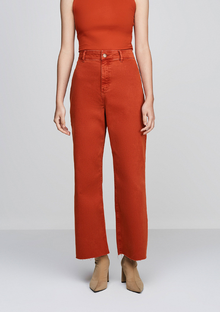 Calça Laranja DZARM Em Sarja Wide Leg Slim Cintura Alta