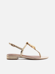 Sandália Rasteira Dourada Couro Slim Folha Metal