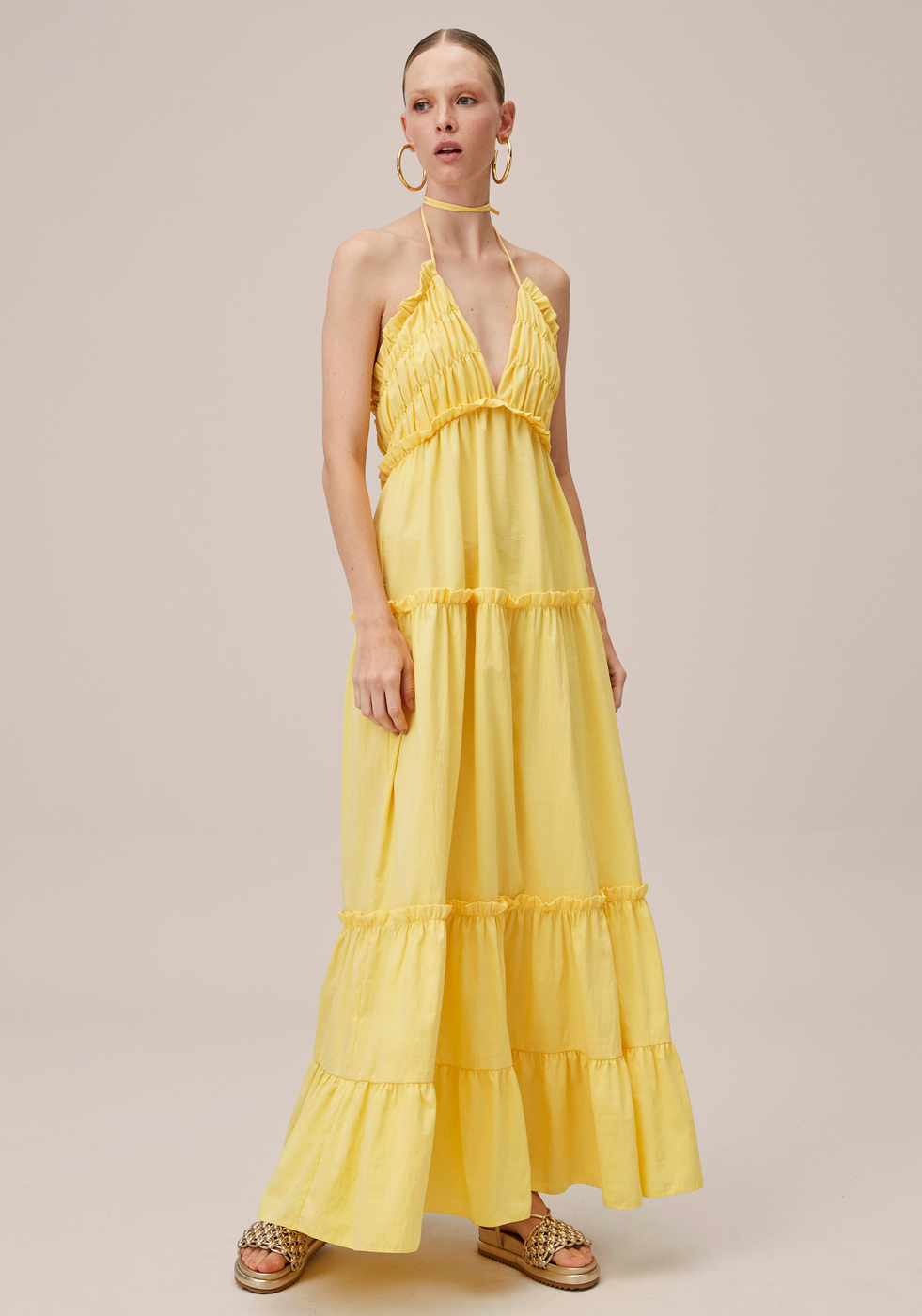 Vestido Amarelo Lança Perfume Longo Decote Costas | ZZ MALL