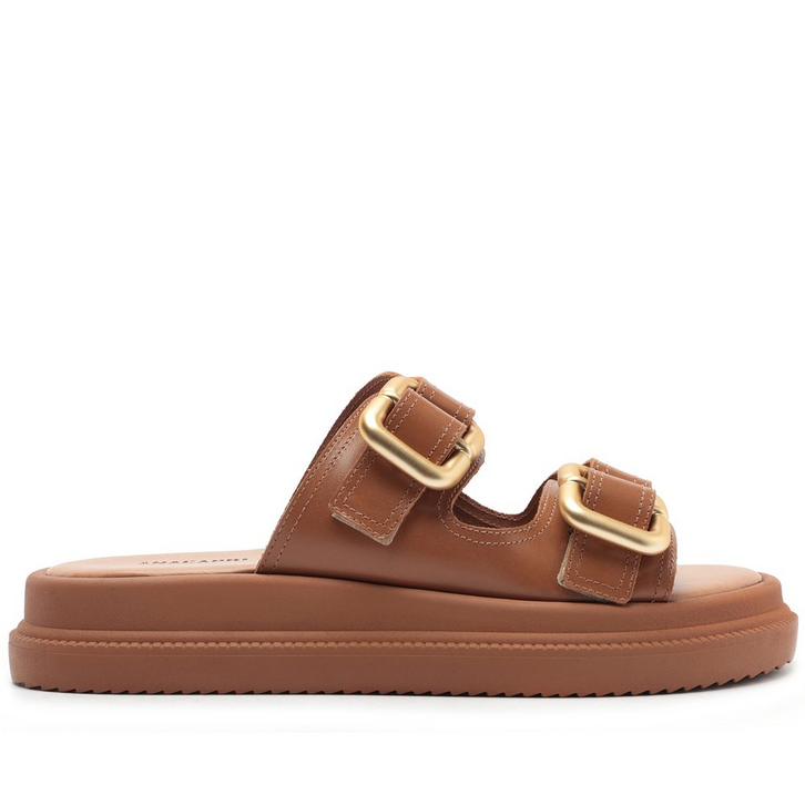 Papete Plataforma Tiras Fivela Couro Marrom