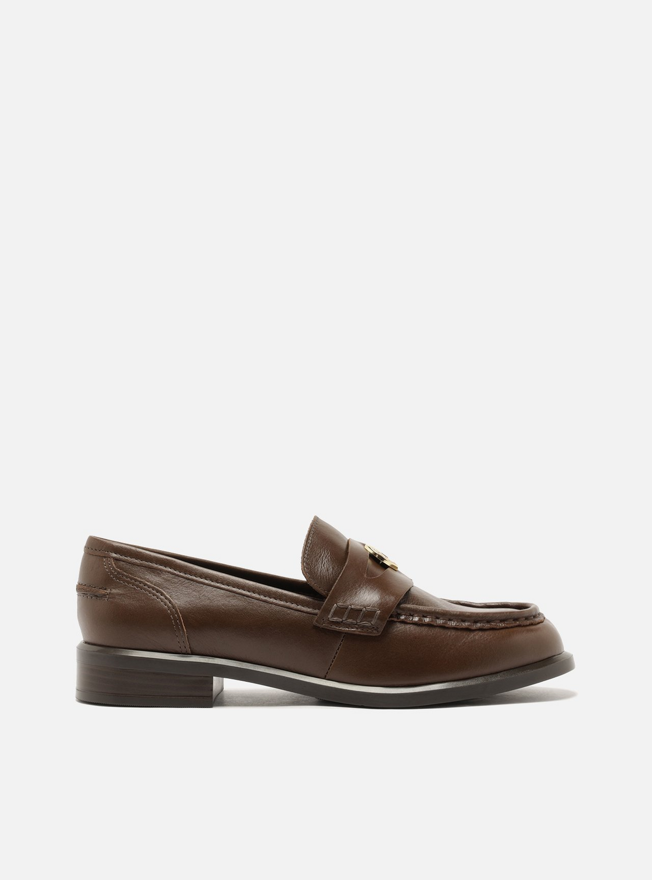 Mocassim Marrom Couro Salto Bloco Metais | ZZ MALL