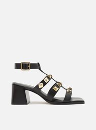 Sandália Preta Arezzo Couro Salto Bloco Tiras Studs