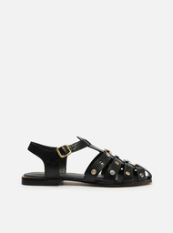 Sandália Rasteira Preta Arezzo Couro Huarache Metal