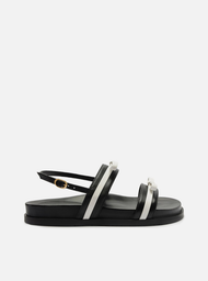Sandália Papete Preta Arezzo Couro Bicolor Laços