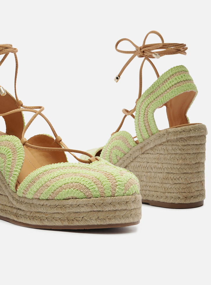Espadrille Verde Bordada Salto Alto Amarração