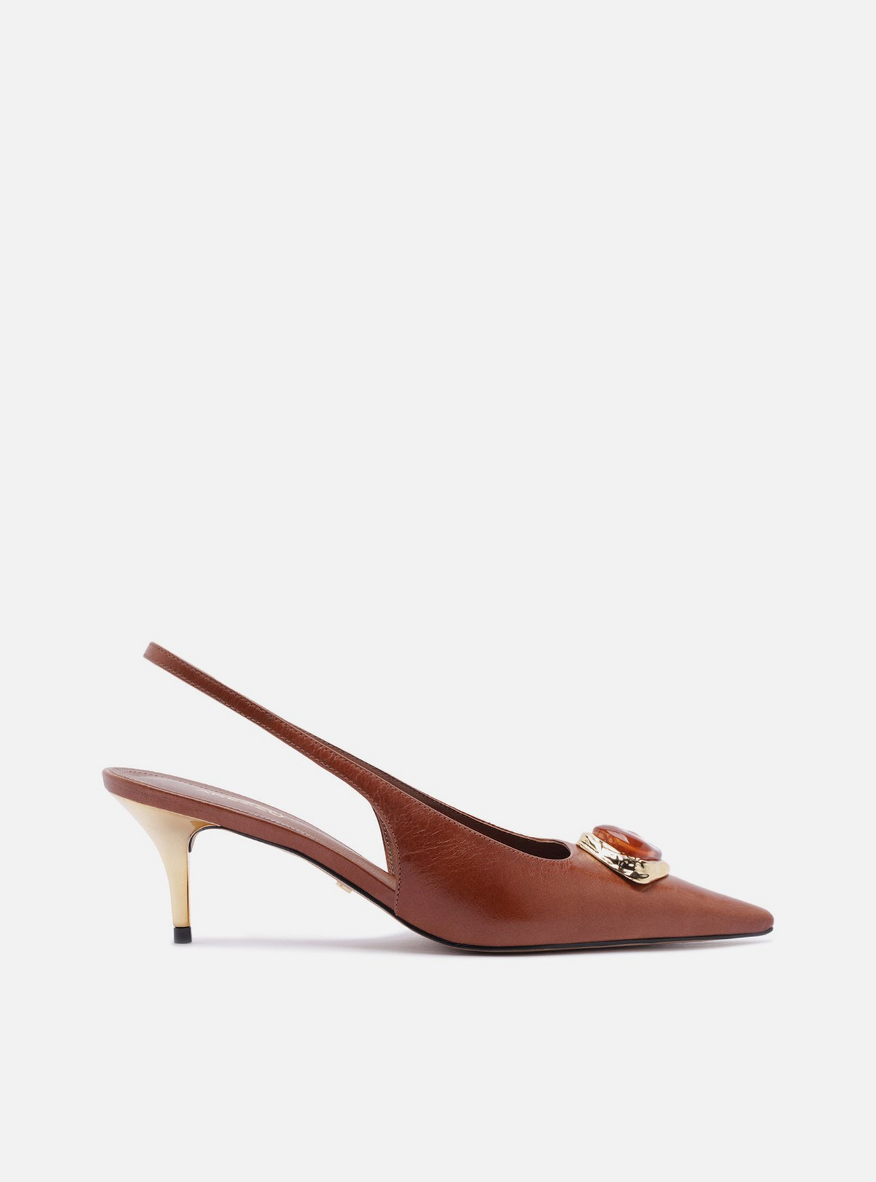 Scarpin Marrom Couro Salto Baixo Slingback Pedraria | ZZ MALL