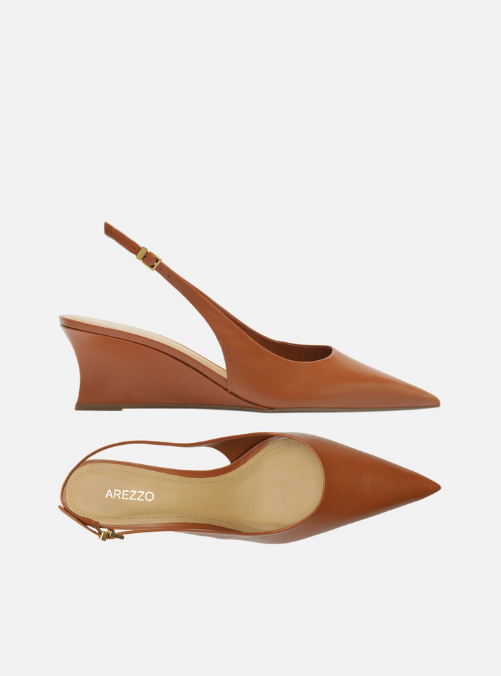 Scarpin Marrom Couro Salto Baixo Anabela Slingback