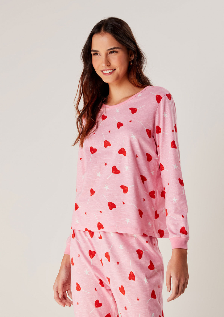 Pijama Rosa Médio Hering Longo Estampado Em Malha Flamê
