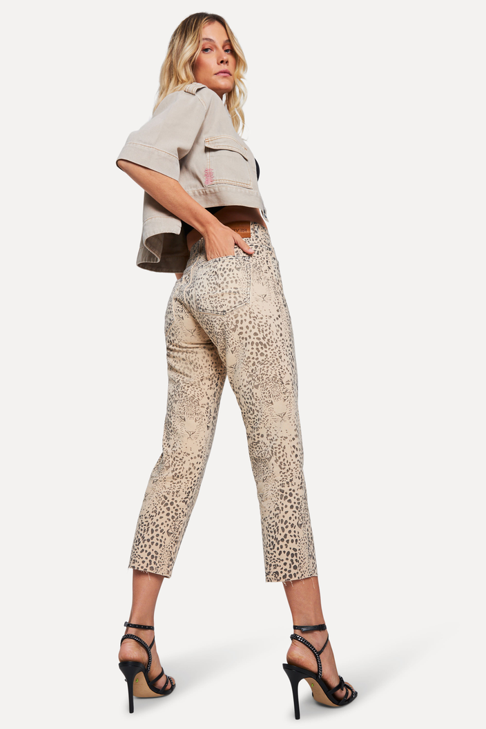 CALÇA SARJA BEGE REVERSA ANIMAL PRINT