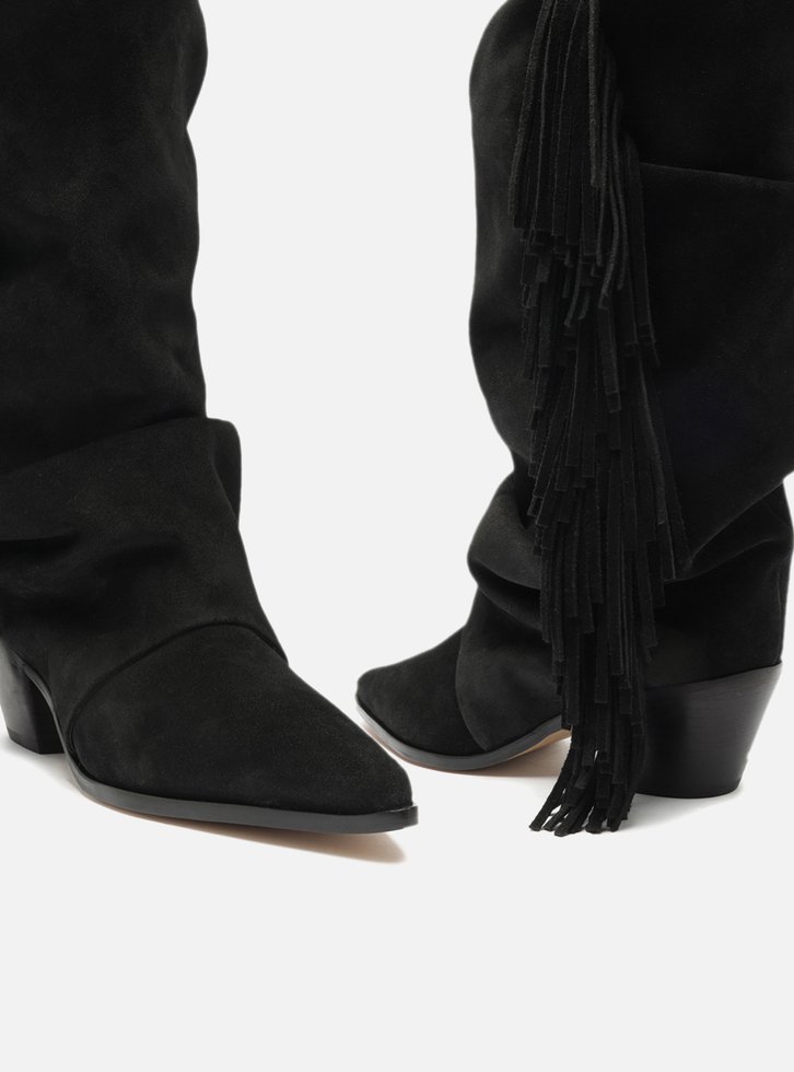 Bota Preta Suede Cano Alto Bloco Franjas