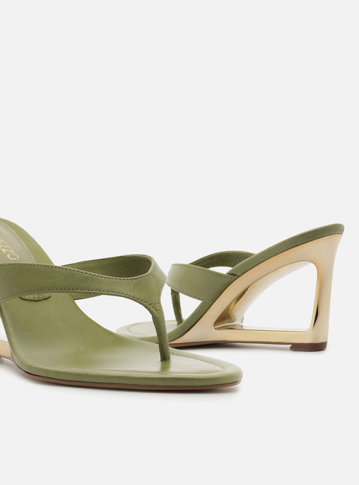 Tamanco Verde Couro Salto Geométrico Flip Flop