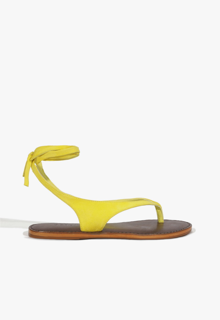 Sandália Rasteira Couro Amarração Amarela