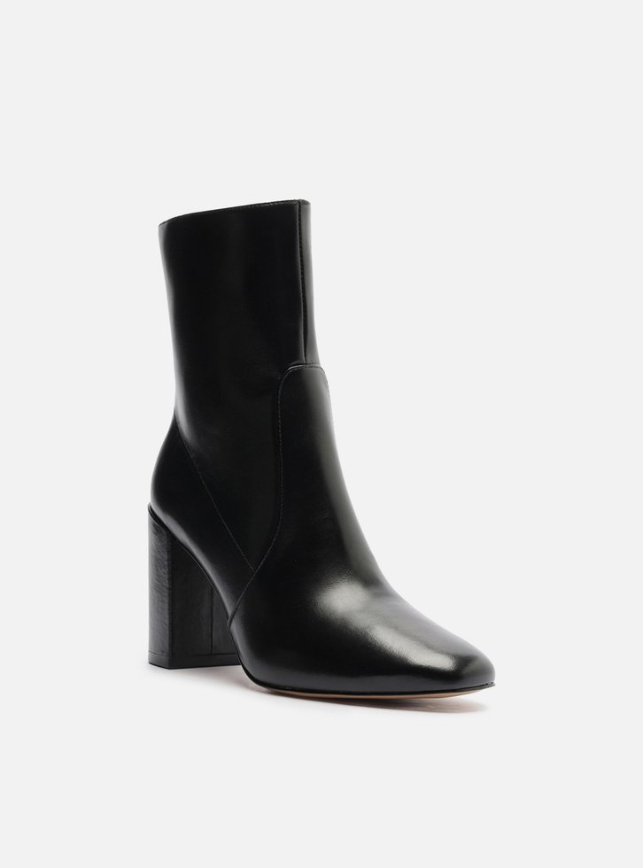 Bota Preta Couro Salto Alto Bloco Cano Médio