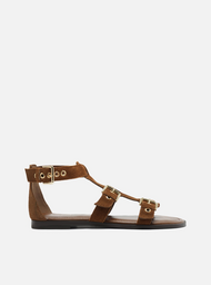 Sandália Rasteira Marrom Couro Tiras Fivelas