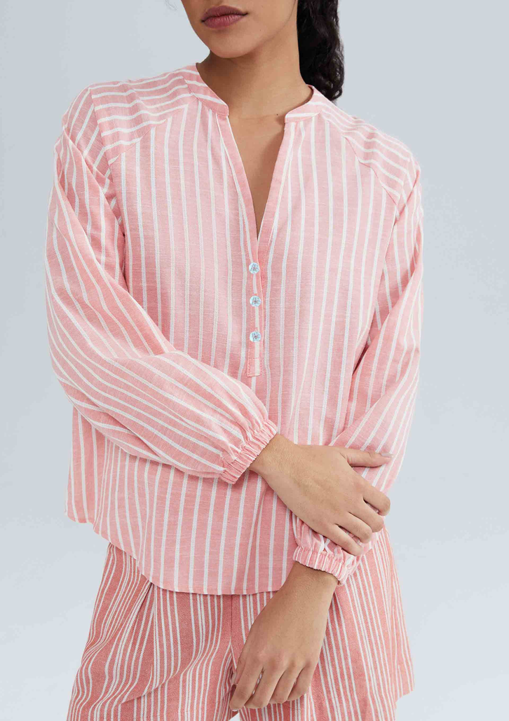 Blusa Vermelha Hering Feminina Listrada Manga 7/8 Com Botões