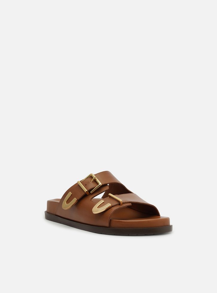 Papete Marrom Caramel Couro Tiras Metais Fivela