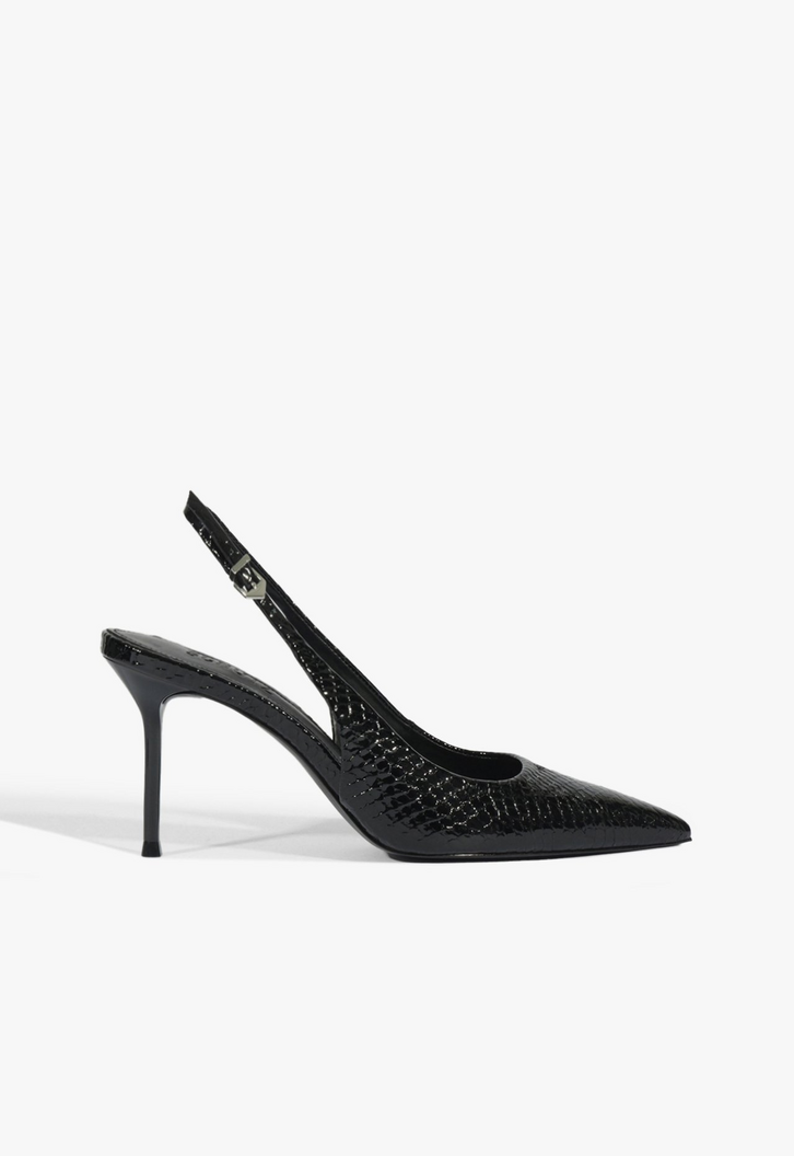 Sapato Scarpin Slingback Paola Couro Croco Preto