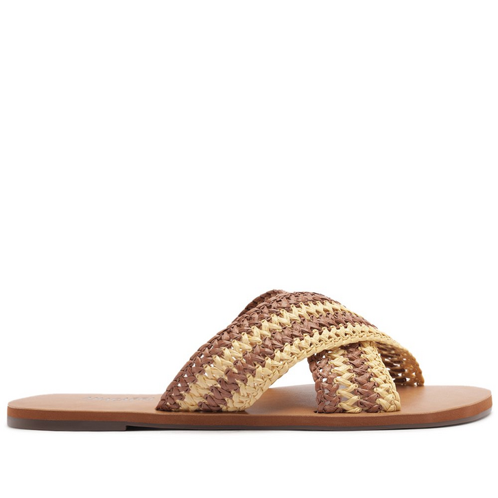 Rasteira Tiras Cruzadas Natural Palha Multicolor Marrom