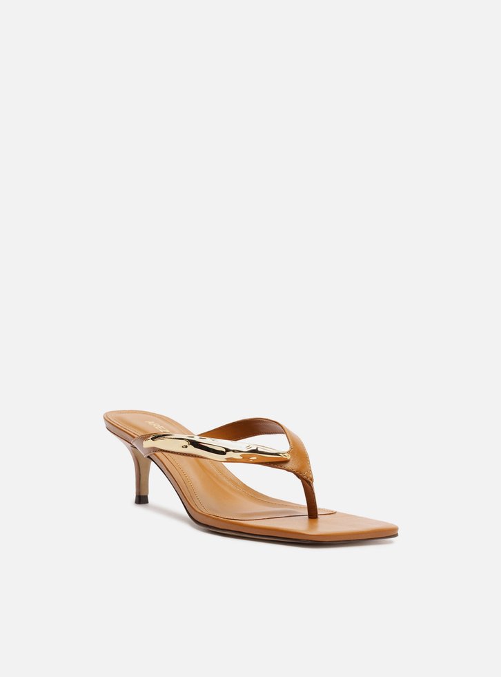 Tamanco Marrom Couro Salto Fino Flip Flop Metal