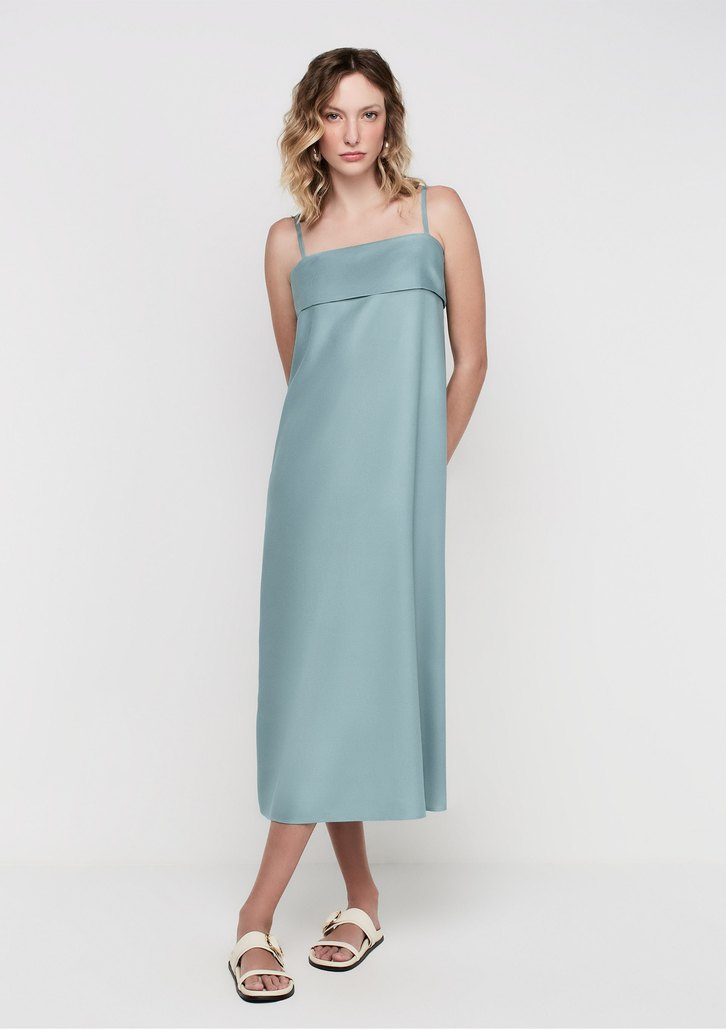 Vestido Midi Azul DZARM Reto Em Viscose Sarjada